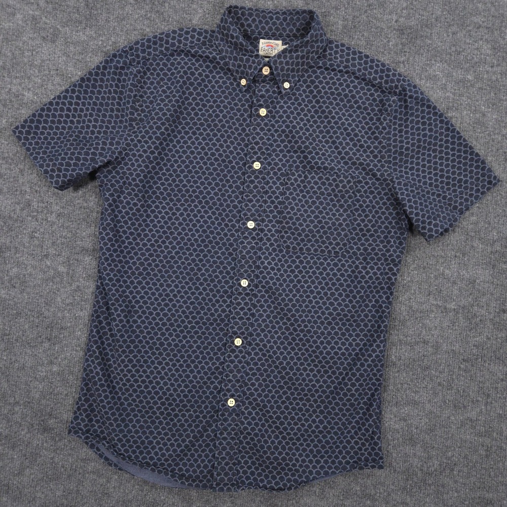 Faherty Stretch Playa Shirt Mens XS Blue Midnight Fish Scale Short Sleeve Preppy
